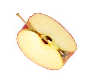 Photo of Piece of ripe juicy red apple on white background, top view