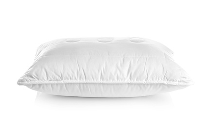 Photo of Clean soft bed pillow on white background