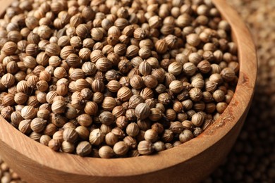 Photo of Dried coriander seeds in bowl on table, closeup