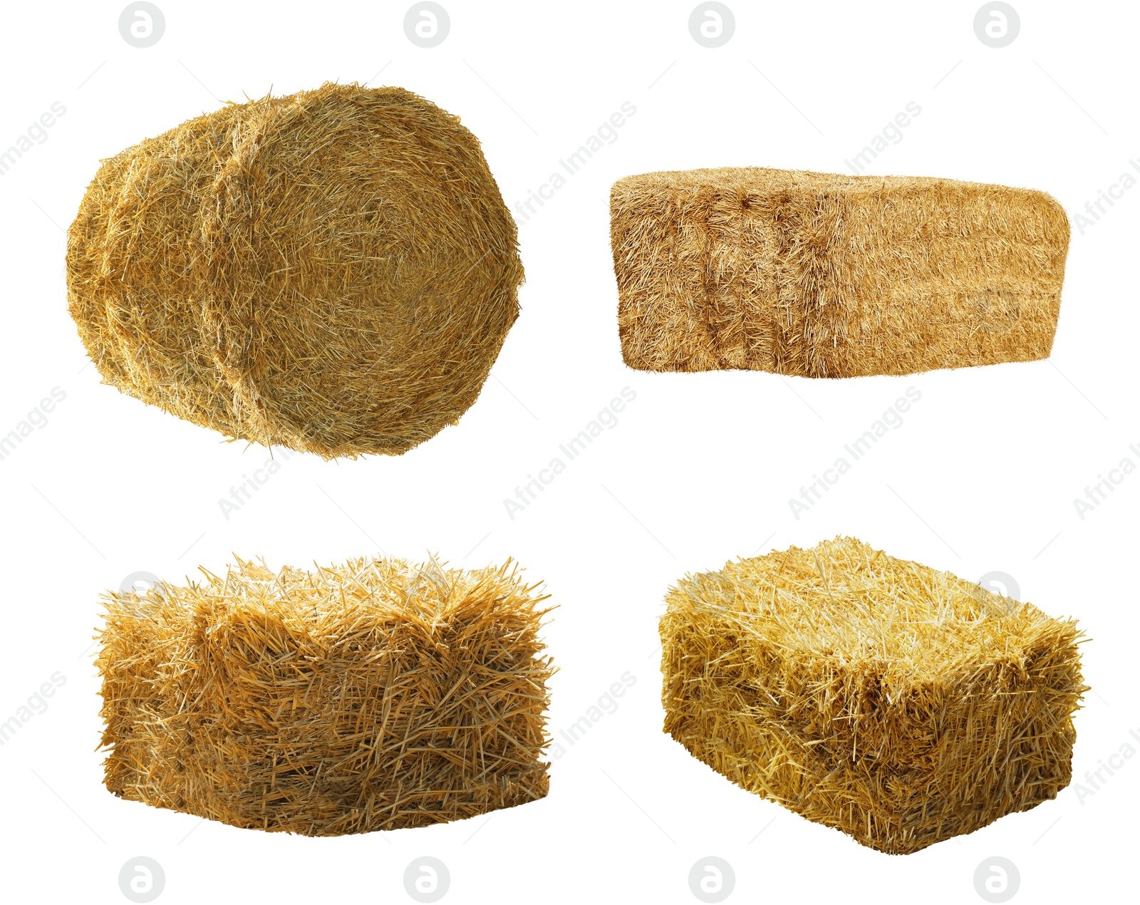 Image of Set of hay bales on white background. Agriculture industry