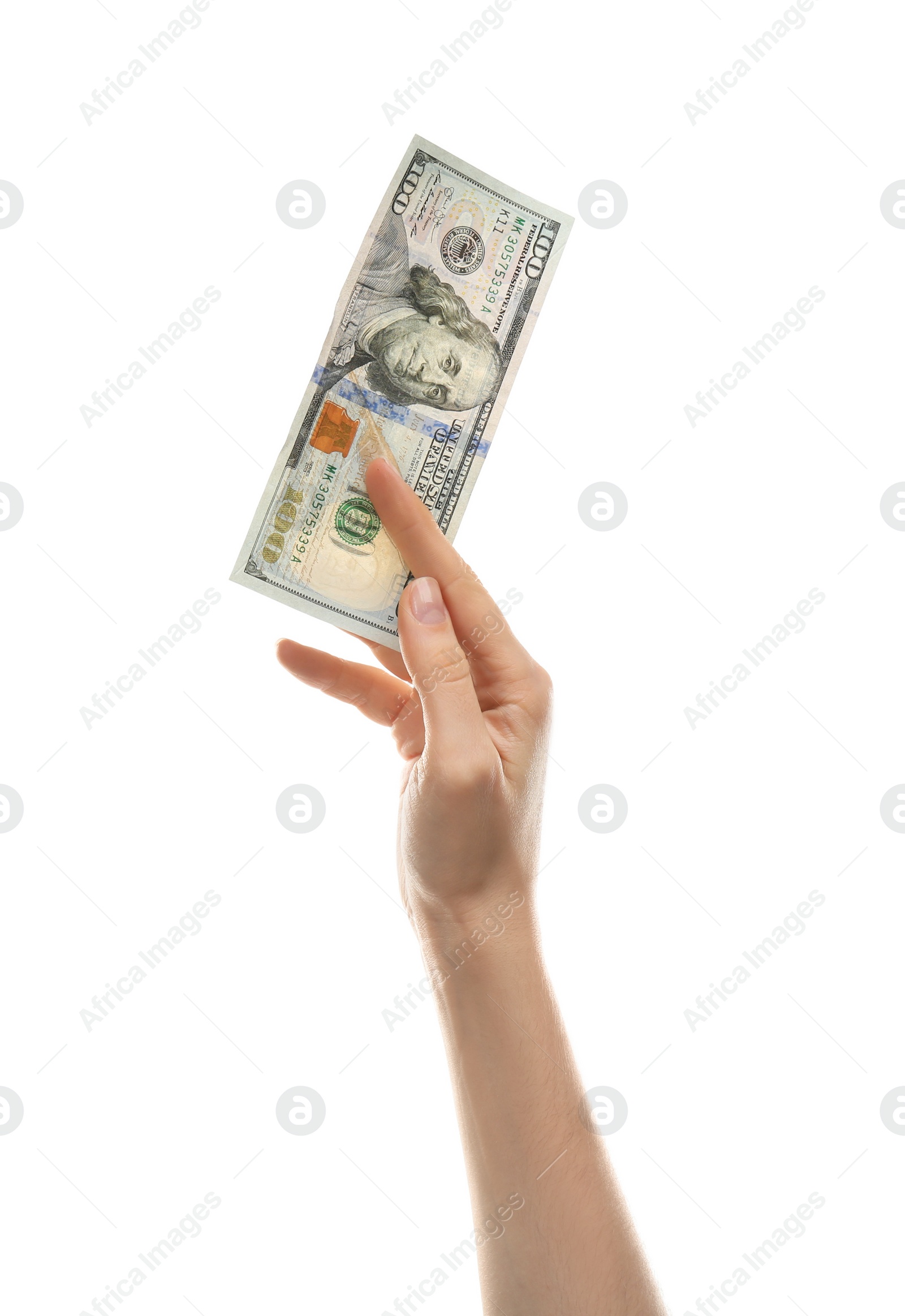 Photo of Woman with dollar banknote on white background, closeup. Money and finance