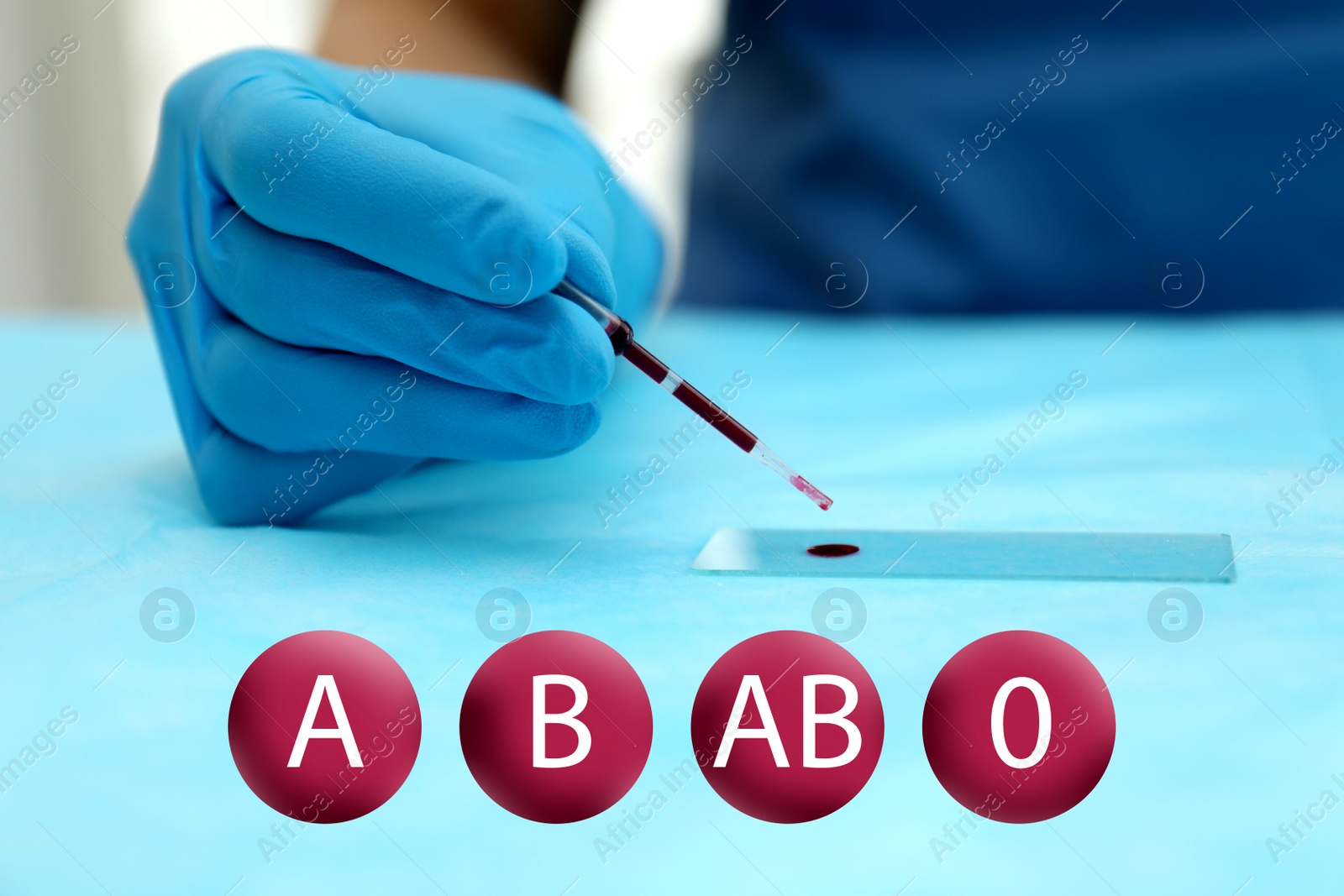 Image of Icons representing different blood types and scientist working with samples in laboratory, closeup