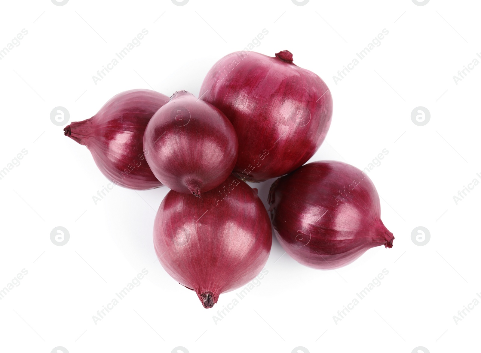 Photo of Fresh whole red onions on white background, top view