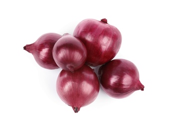 Fresh whole red onions on white background, top view