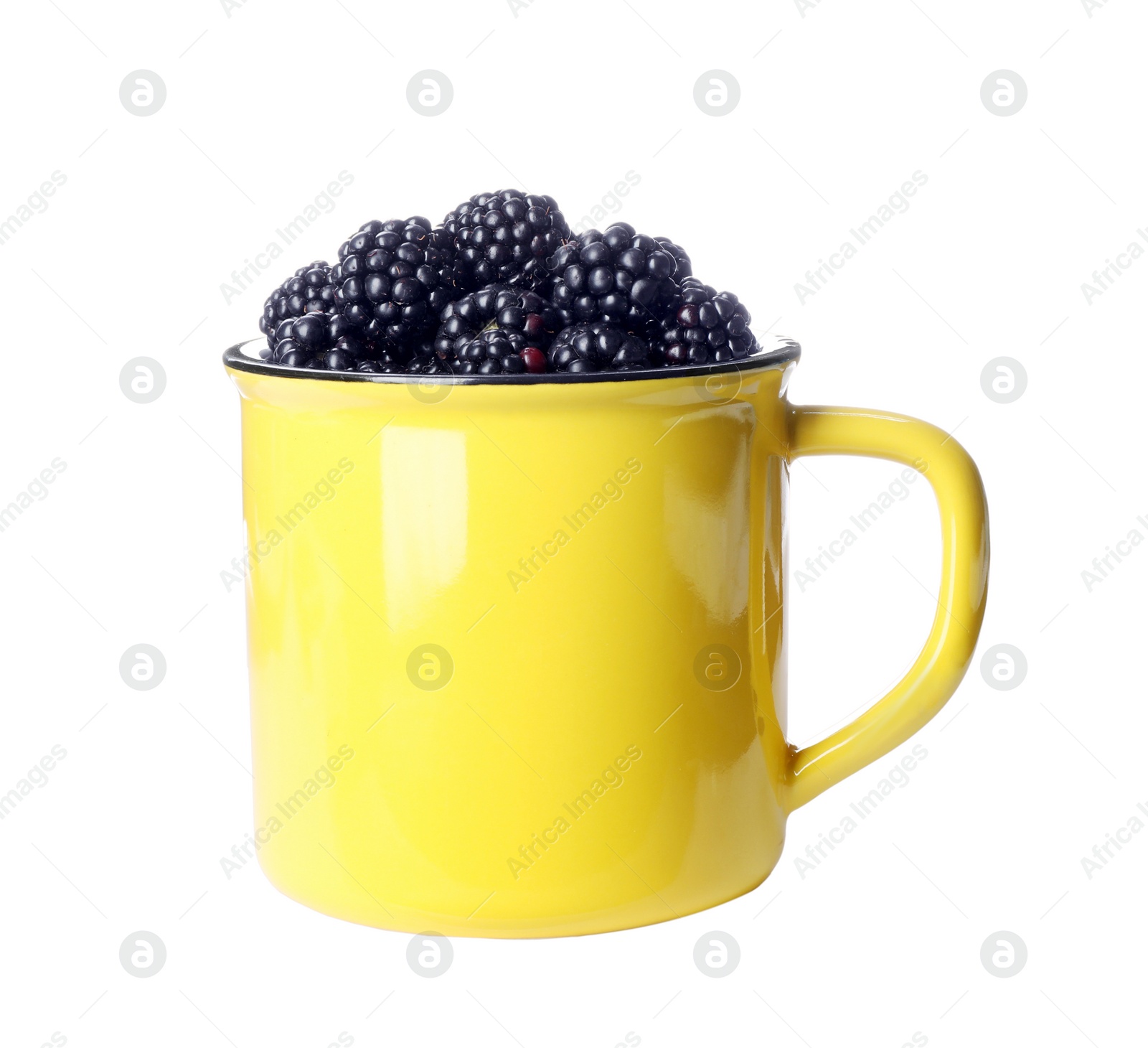 Photo of Mug with ripe blackberries on white background