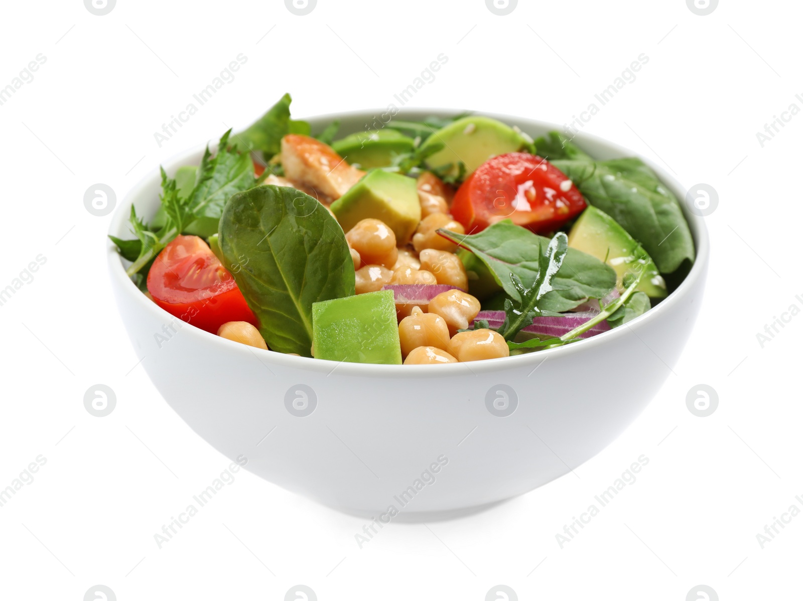 Image of Delicious salad with avocado and chickpeas in bowl on white background