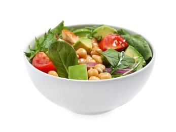Image of Delicious salad with avocado and chickpeas in bowl on white background