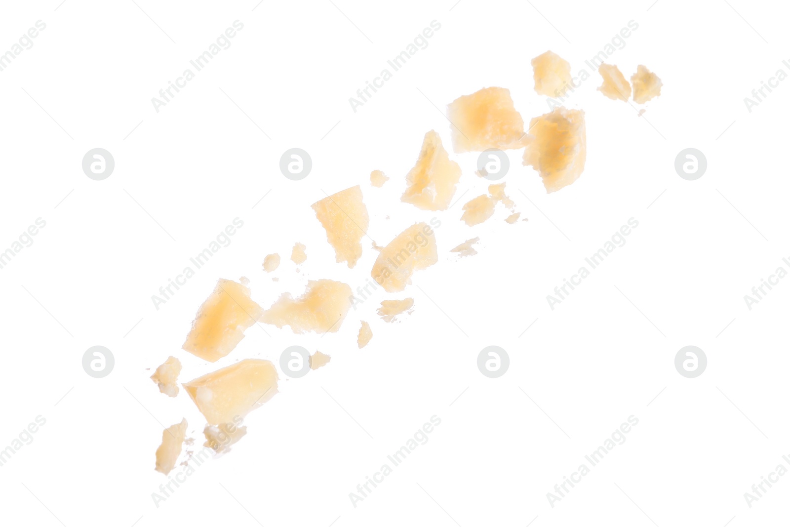 Photo of Pieces of delicious parmesan cheese on white background