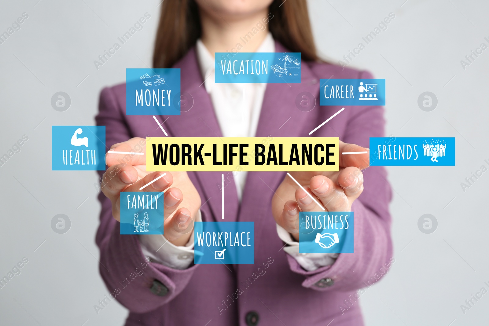 Image of Woman demonstrating Work-life balance concept on light background, closeup