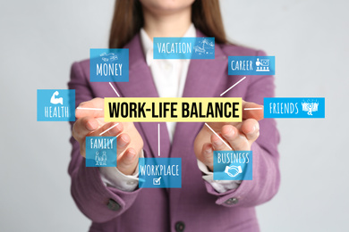 Woman demonstrating Work-life balance concept on light background, closeup