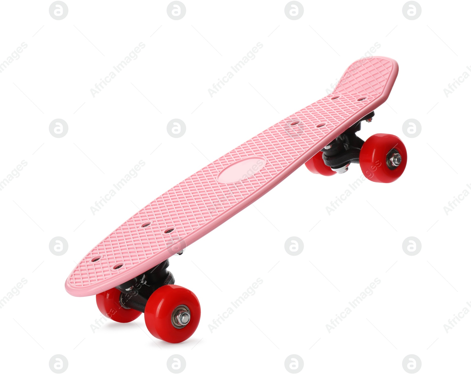 Photo of Pink skateboard with red wheels isolated on white