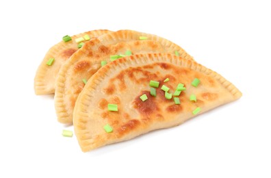 Photo of Delicious fried chebureki with cheese and green onion isolated on white