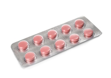 Photo of Pills in blister pack on white background. Medical treatment