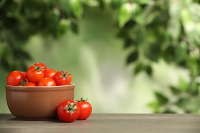 Photo of Wooden bowl with fresh tomatoes on blurred background. Space for text