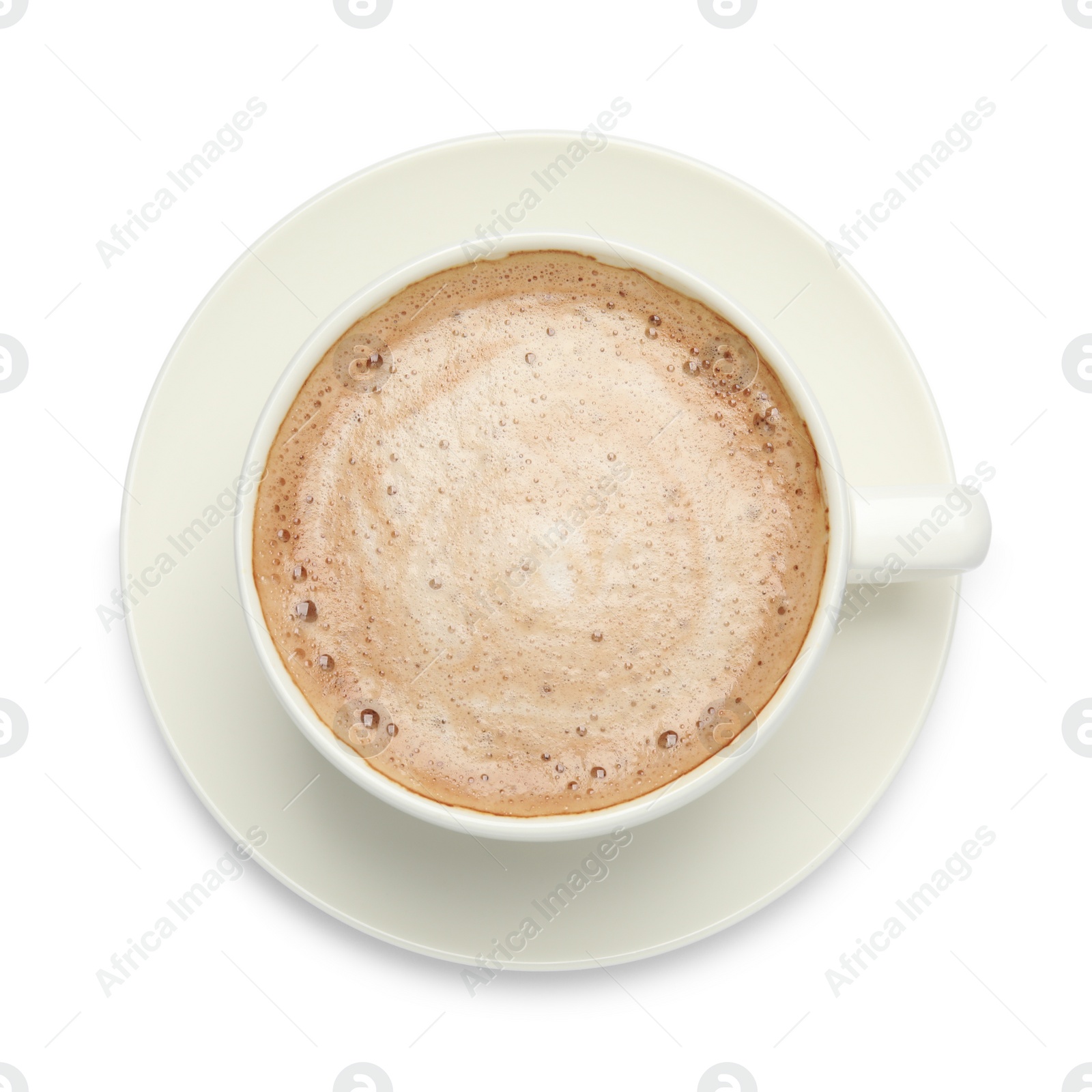 Photo of Cup of hot coffee isolated on white, top view