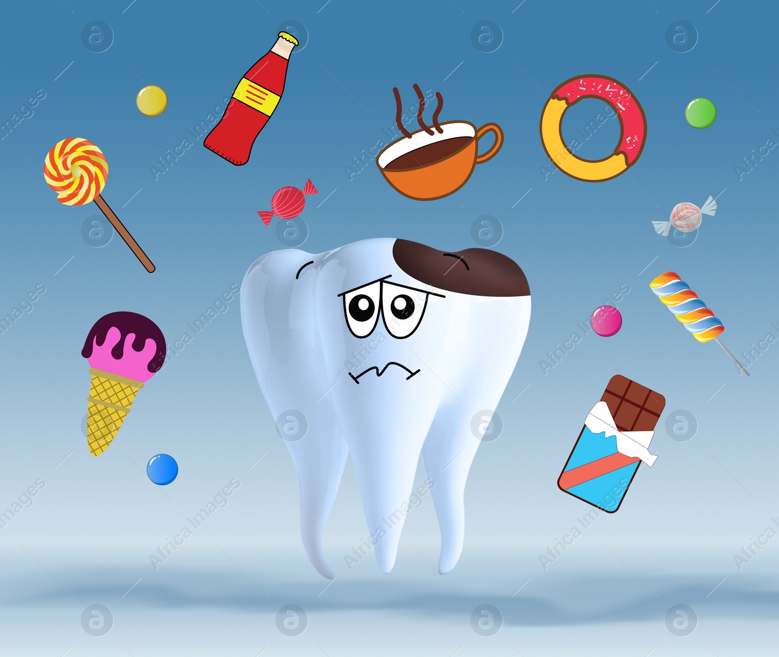 Illustration of Unhealthy tooth and harmful products on light blue background, illustration. Dental problem