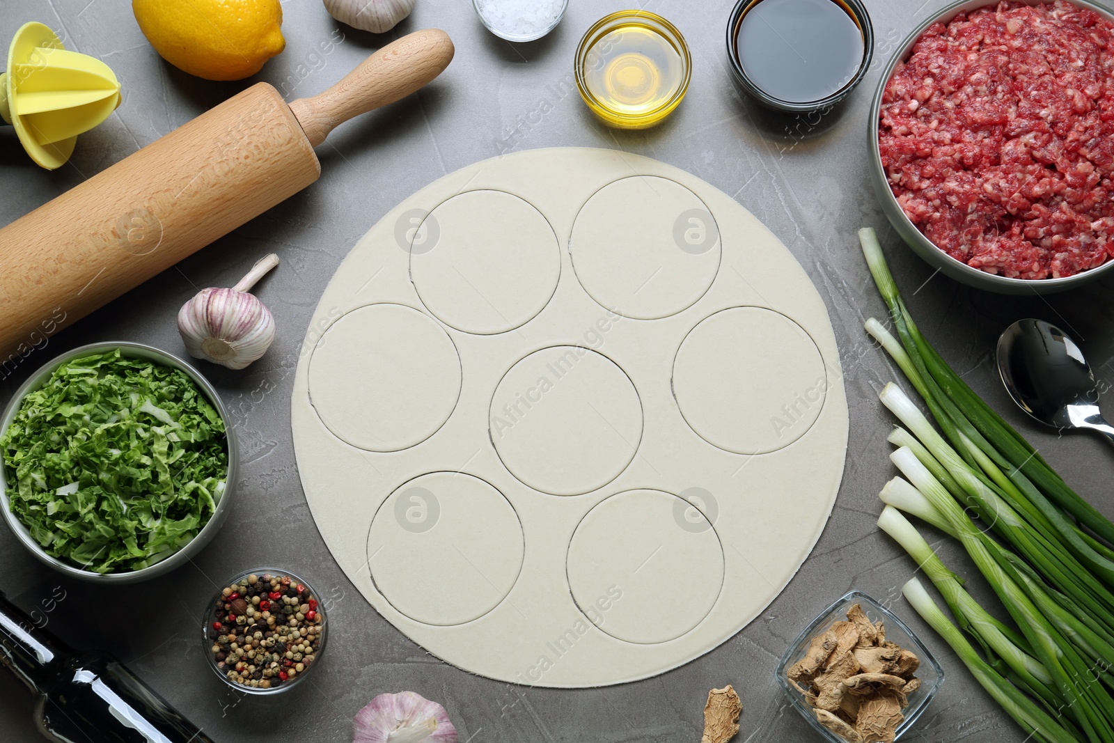 Photo of Flat lay composition with dough and other ingredients for gyoza on light grey table