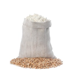 Photo of Sack with flour and grains on white background
