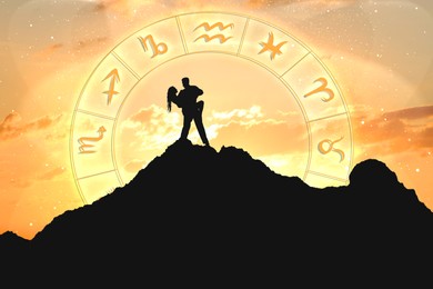 Image of Zodiac wheel and photo of couple in mountains under sunset night