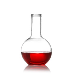 Photo of Florence flask with liquid on white background. Chemistry glassware