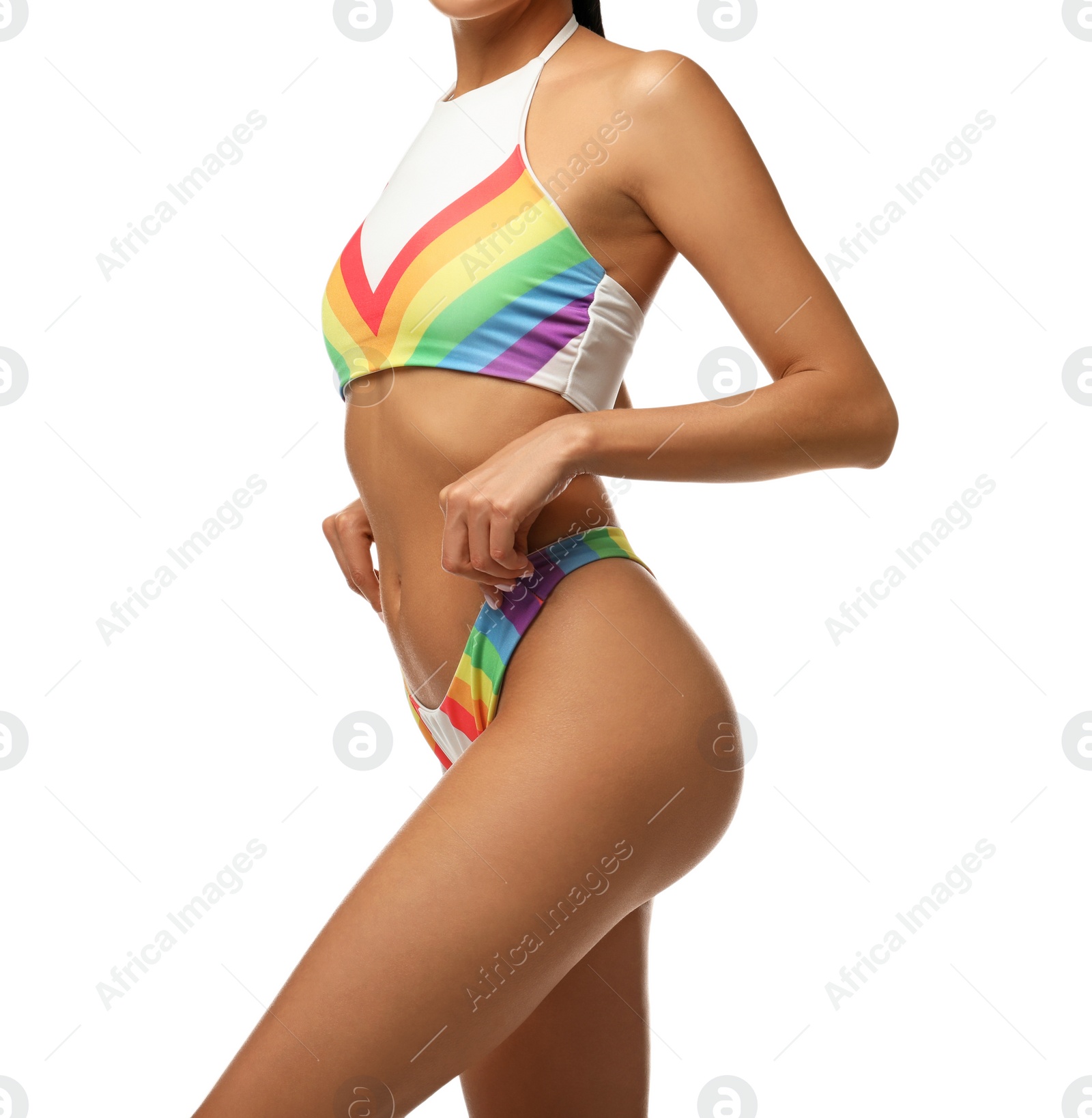 Photo of Sexy young woman in stylish swimsuit isolated on white, closeup. Beach body goal