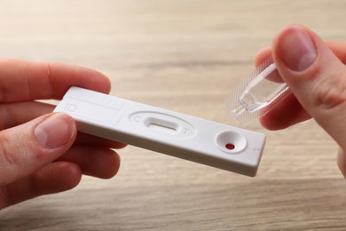 Woman dropping buffer solution onto disposable express test cassette at table, closeup