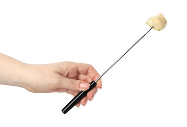 Tasty fondue. Woman holding fork with piece of pear and melted cheese on white background, closeup