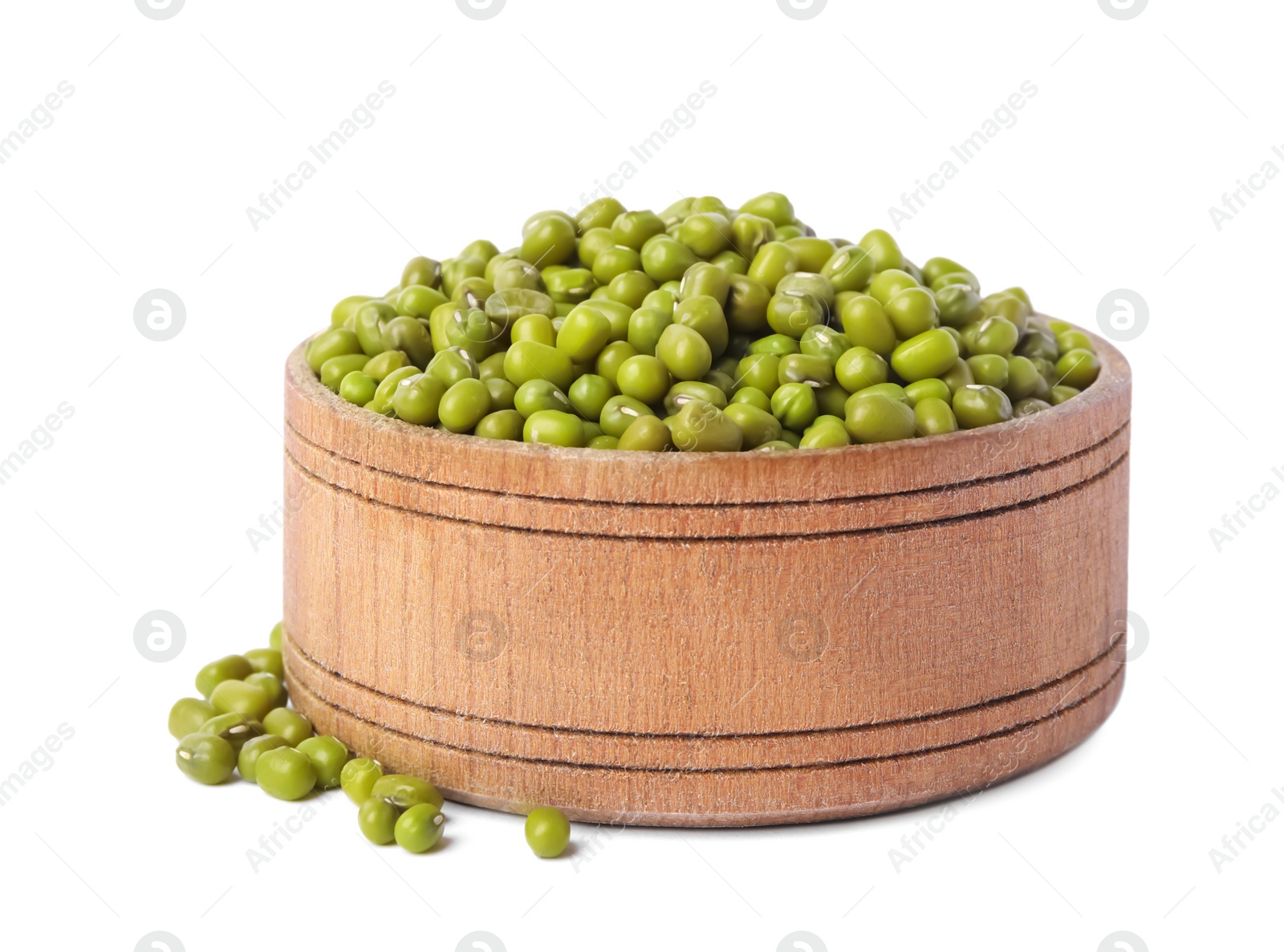 Photo of Wooden bowl with green mung beans isolated on white. Organic grains