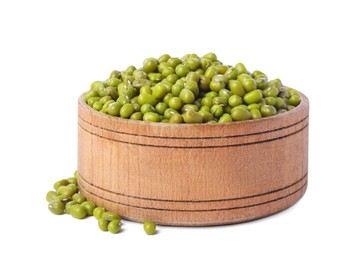 Wooden bowl with green mung beans isolated on white. Organic grains