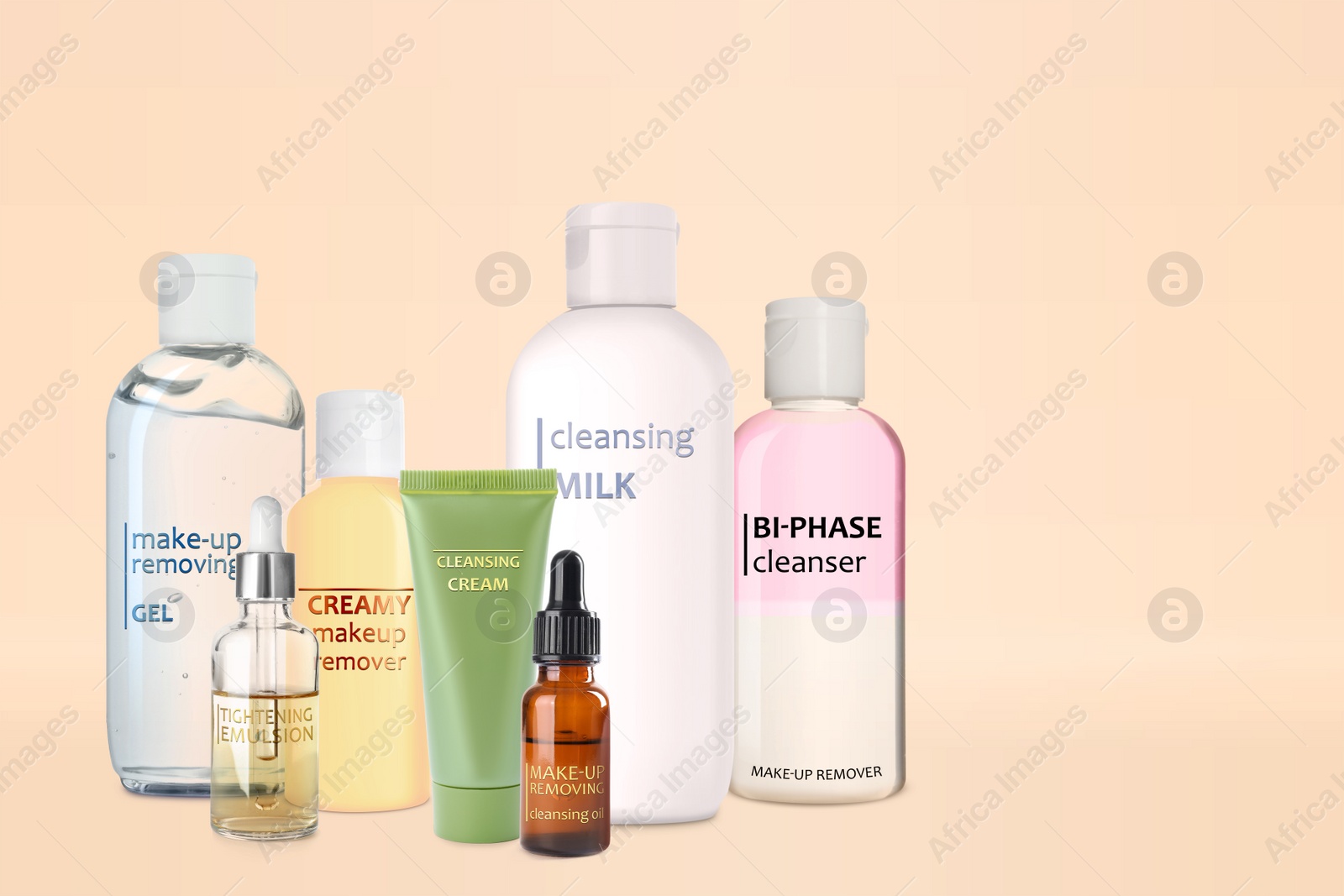 Image of Collection of different makeup removal products on beige background