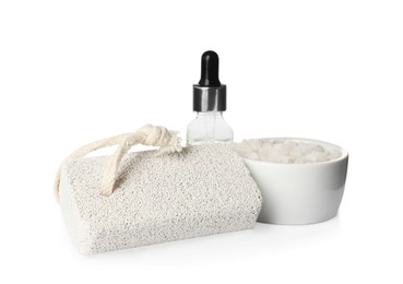 Photo of Pumice stone and cosmetic products on white background