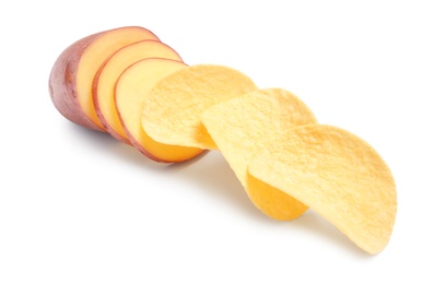 Photo of Raw potato and tasty chips on white background