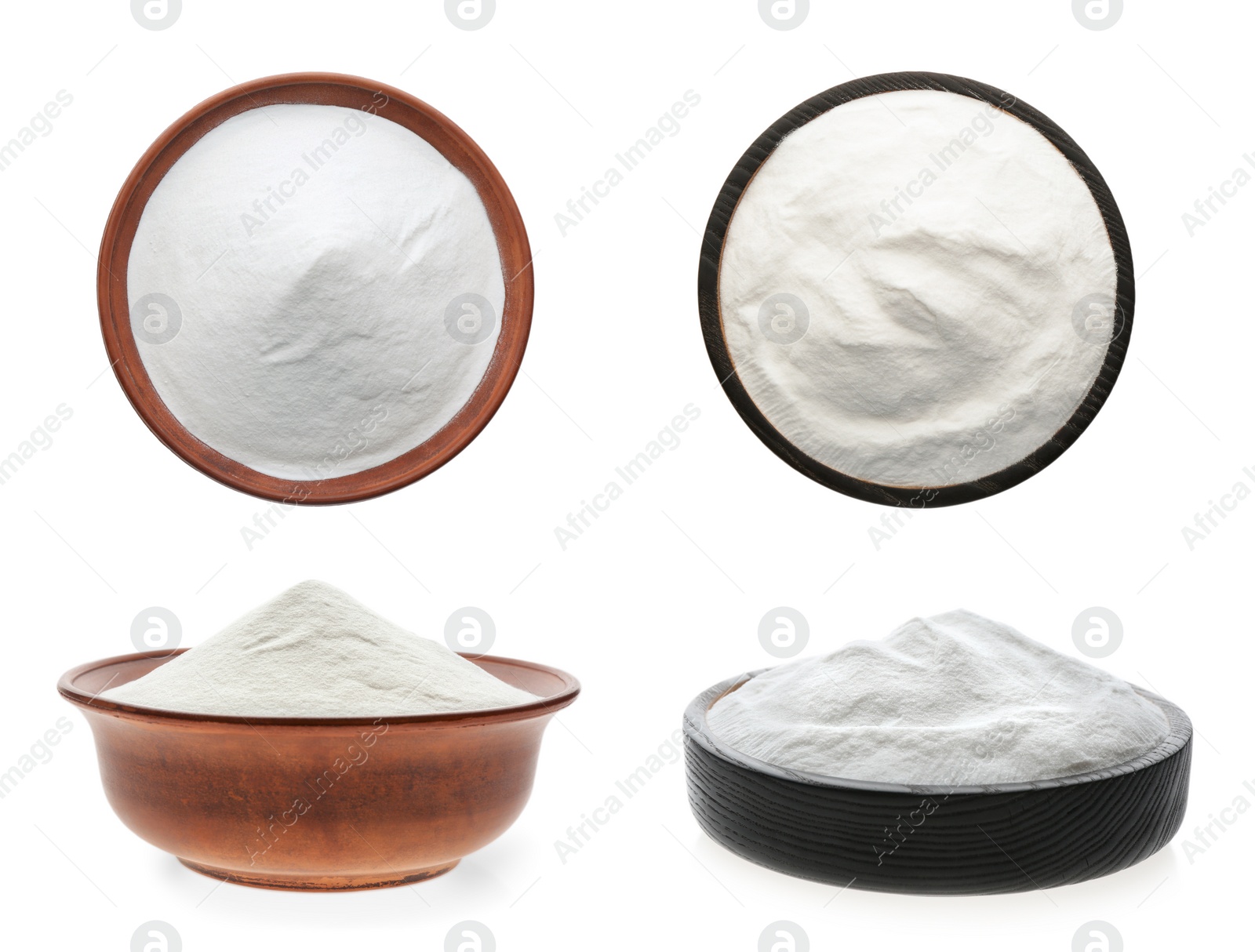 Image of Set with baking soda on white background 