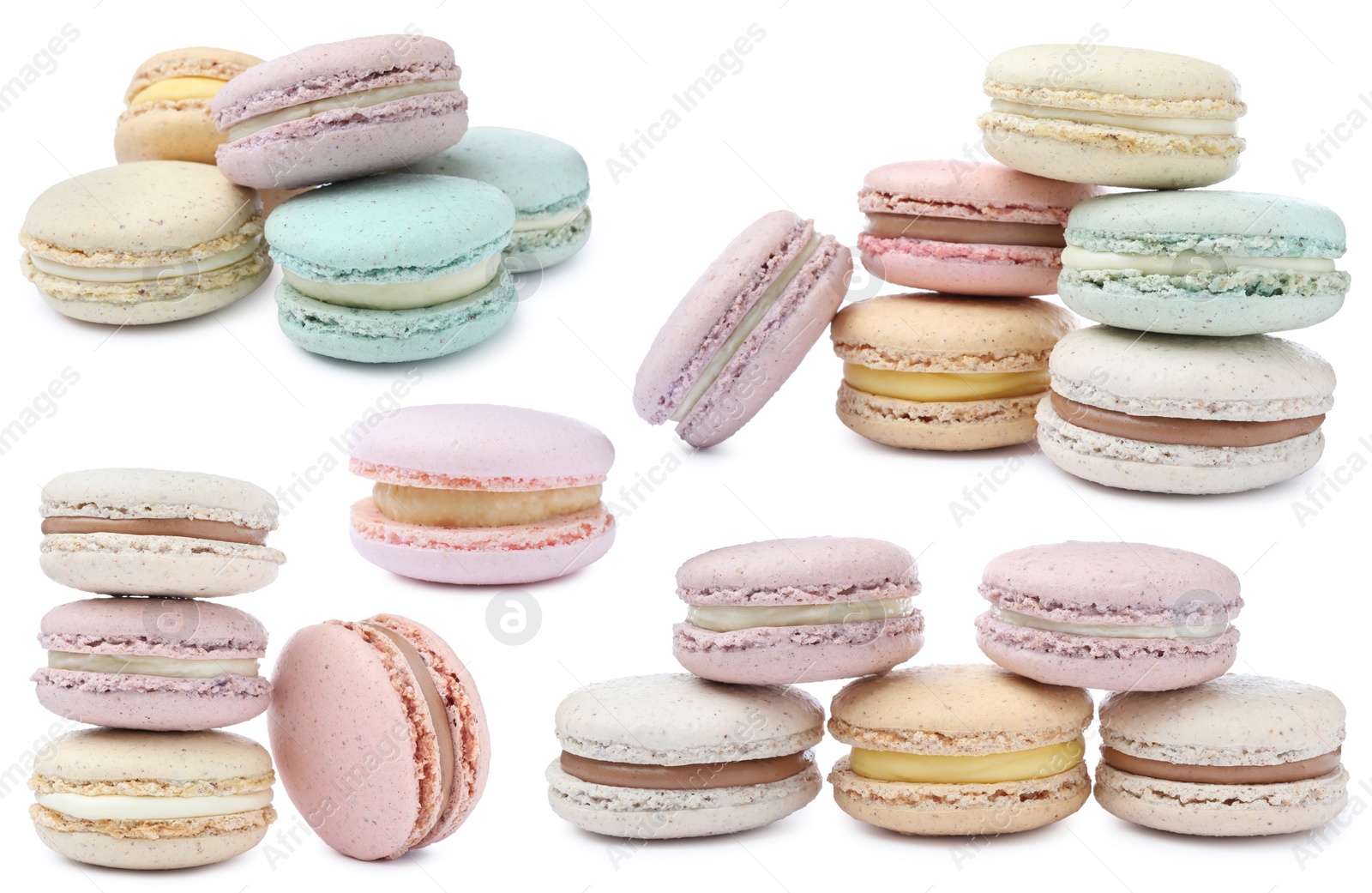 Image of Set with different delicious macarons on white background