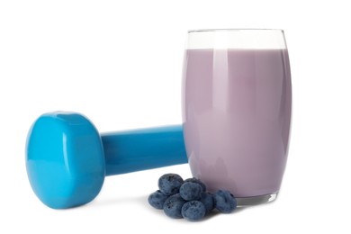 Photo of Tasty blueberry shake, fresh berries and dumbbell isolated on white. Weight loss