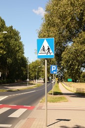 Road sign Pedestrian and Bicycle Crossing outdoors