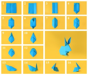 Image of Origami art. Making light blue paper bunny step by step, photo collage on yellow background
