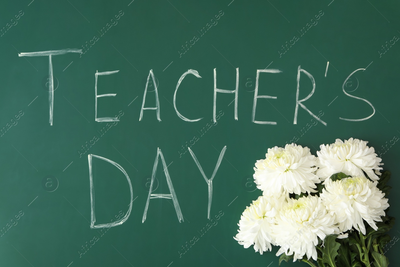 Photo of Words TEACHER'S DAY and chrysanthemum flowers on green chalkboard, top view