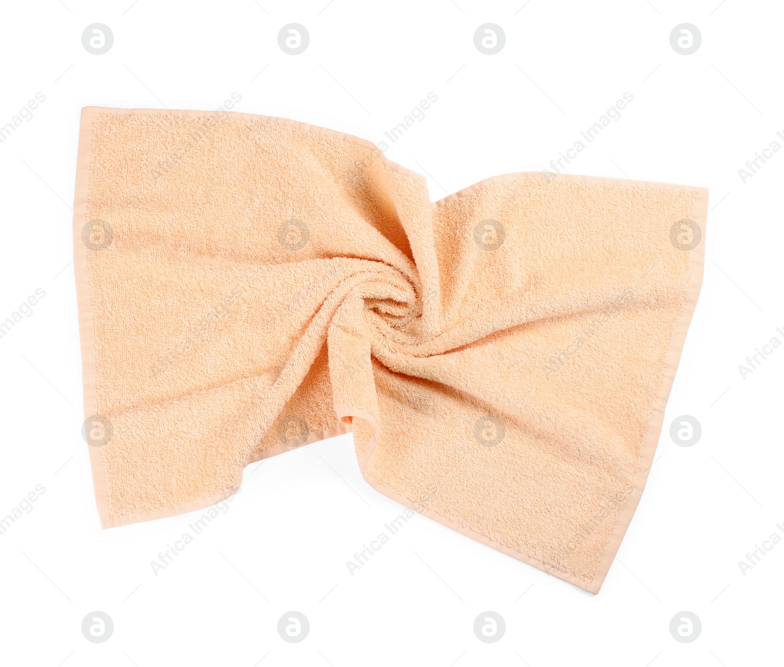 Photo of Soft colorful terry towel isolated on white, top view