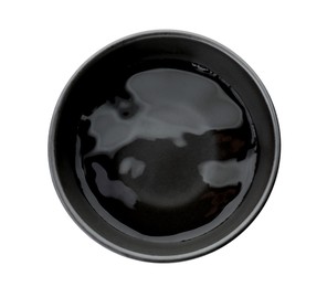 Photo of Black ceramic bowl of water isolated on white, top view