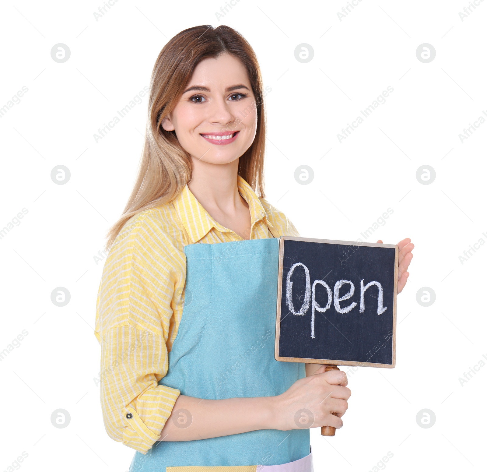 Photo of Female florist holding OPEN sign on white background