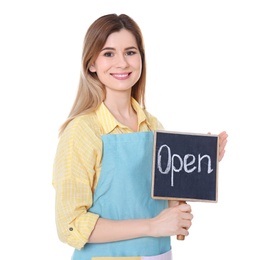 Female florist holding OPEN sign on white background