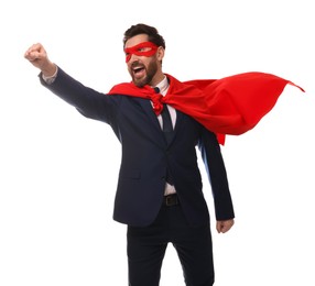 Emotional businessman wearing red superhero cape and mask on white background