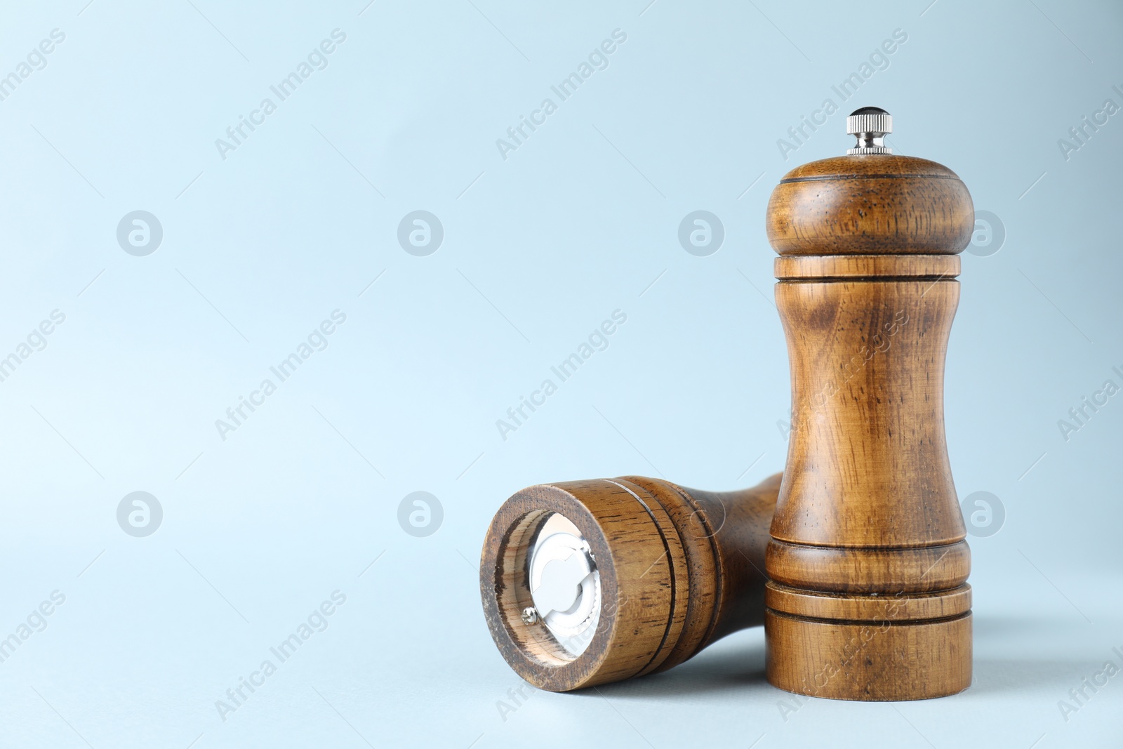 Photo of Wooden salt and pepper shakers on light background, closeup. Space for text