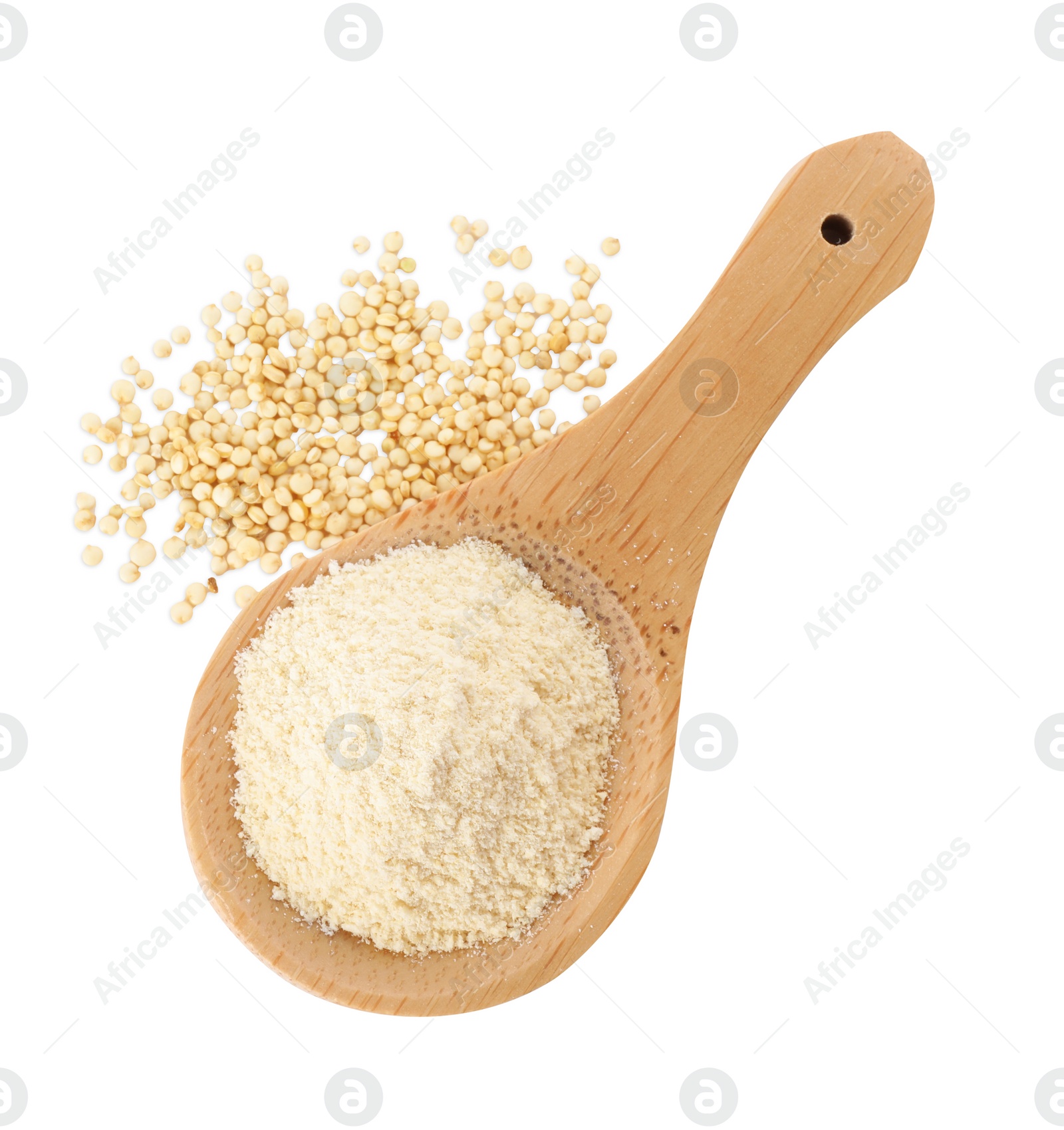 Photo of Wooden spoon with quinoa flour and seeds on white background, top view