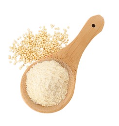 Photo of Wooden spoon with quinoa flour and seeds on white background, top view