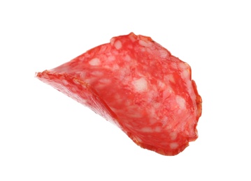 Slice of tasty salami on white background