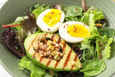 Healthy dish high in vegetable fats in bowl, closeup