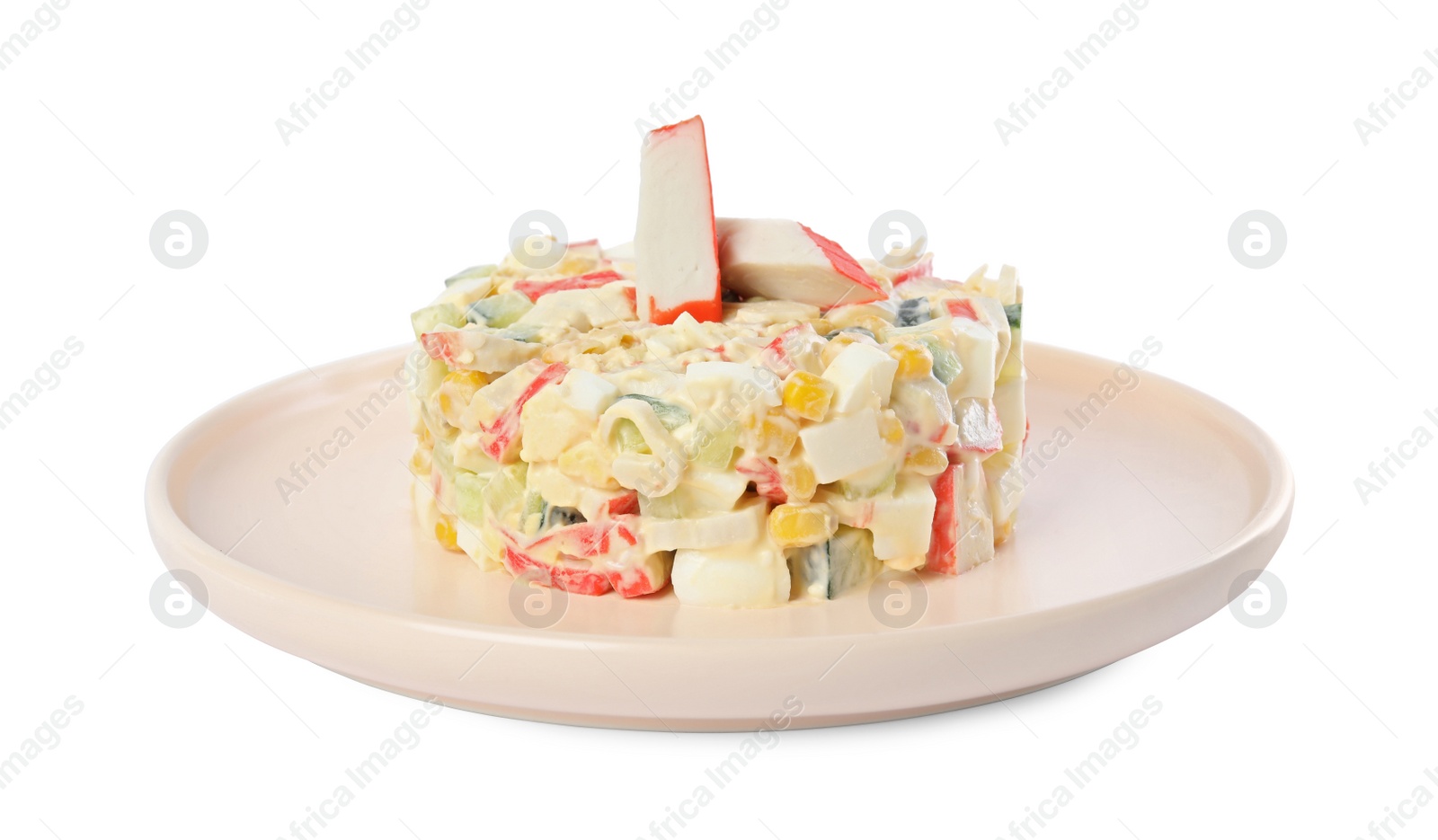 Photo of Delicious salad with crab sticks on white background