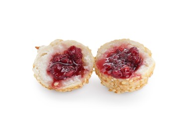 Cut sesame ball with red bean paste on white background
